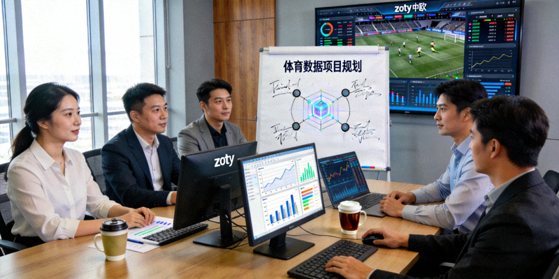 zoty中欧公司团队在现代化办公室讨论体育数据项目的场景